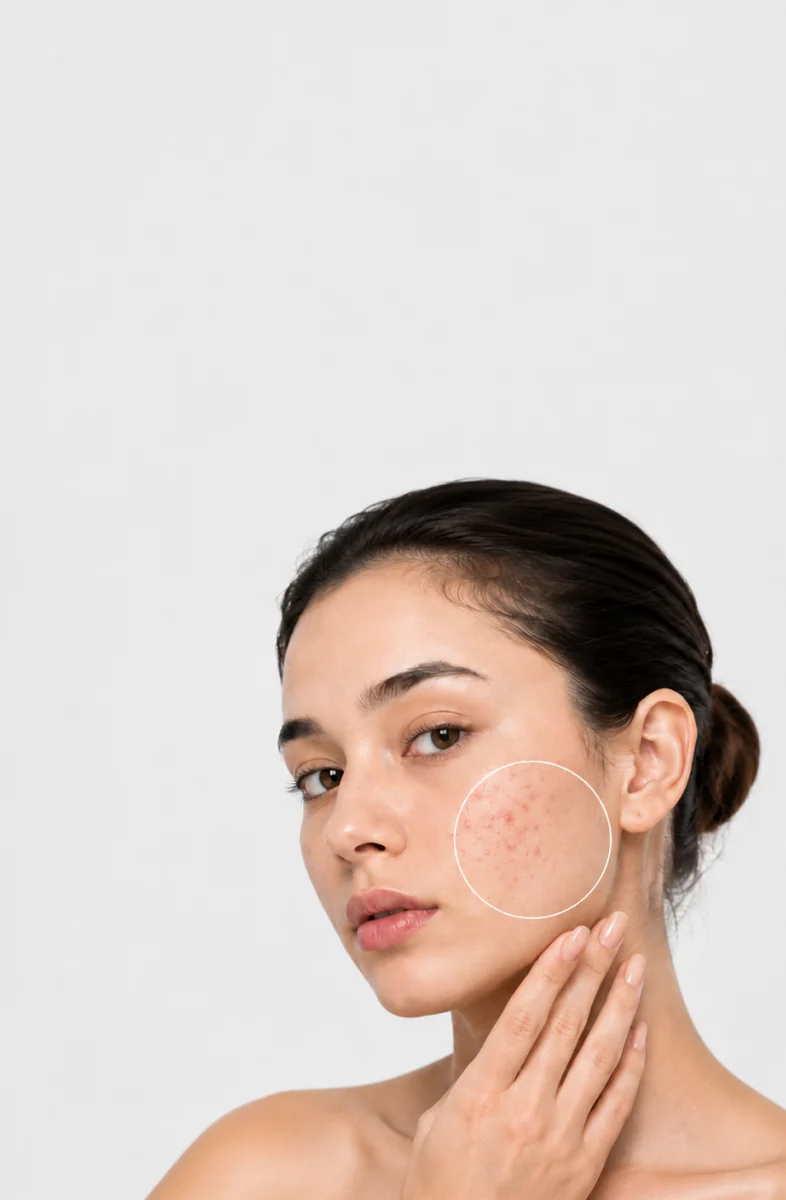 Woman touching her cheek with acne highlighted