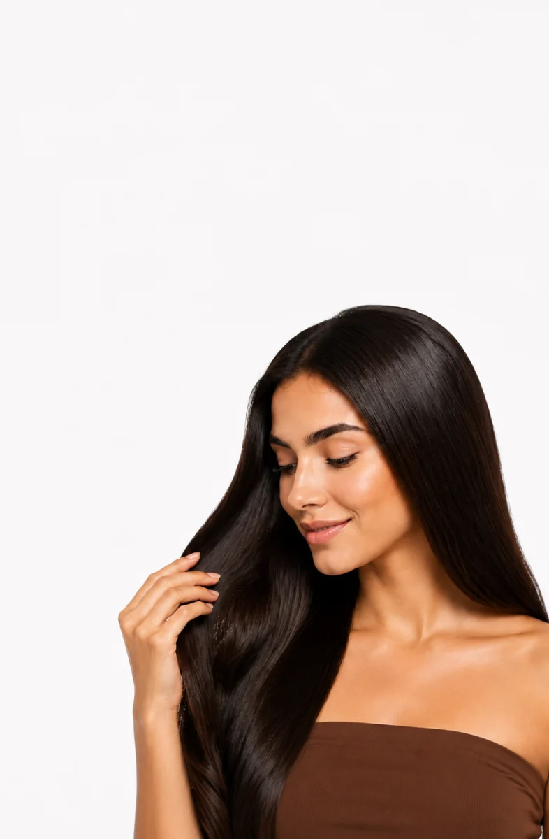 Woman with long, glossy dark hair