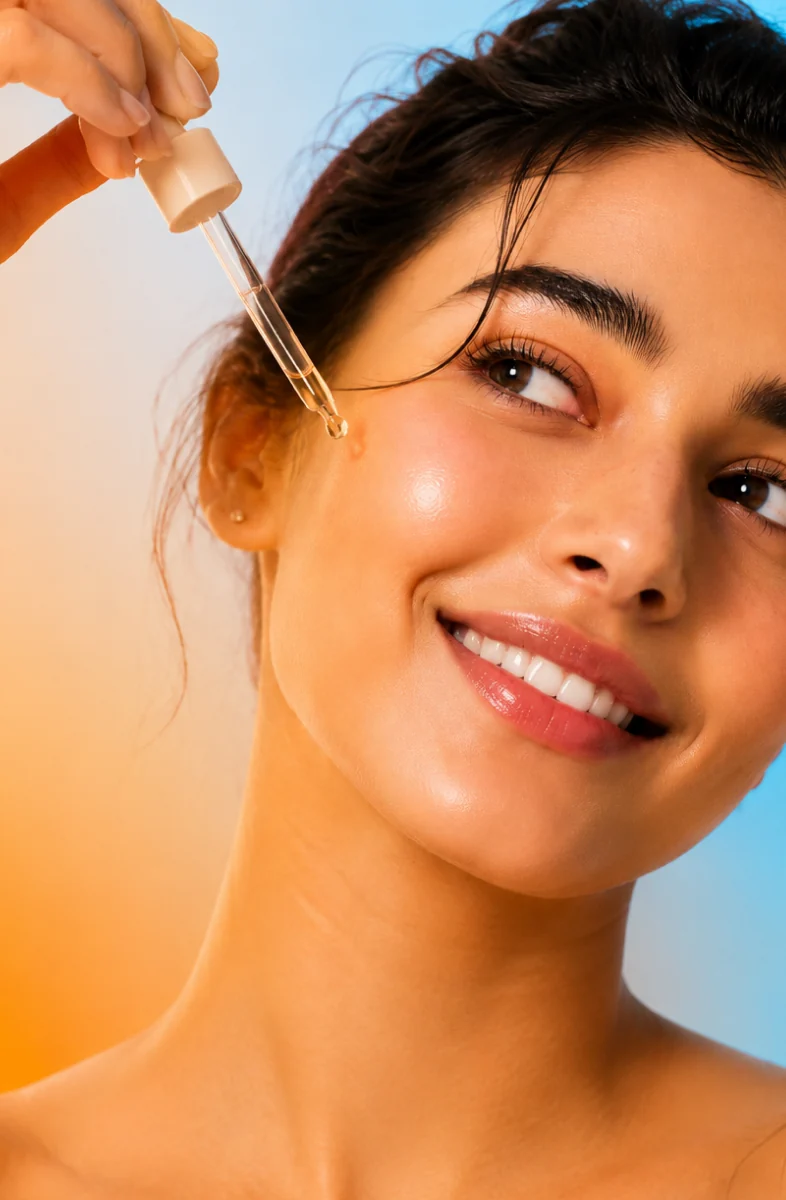Woman applying a skincare serum with a dropper