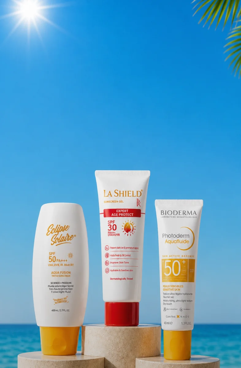 Sunscreen tubes on stone pedestals by the sea